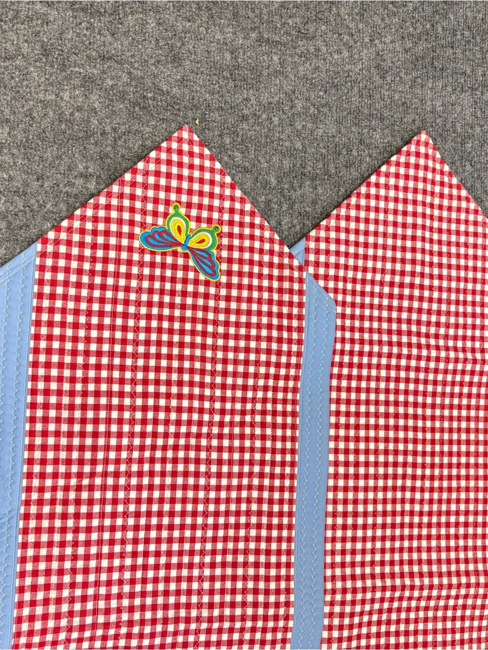 Red Gingham Table Runners with Light Blue Trim and Butterfly Embroidery